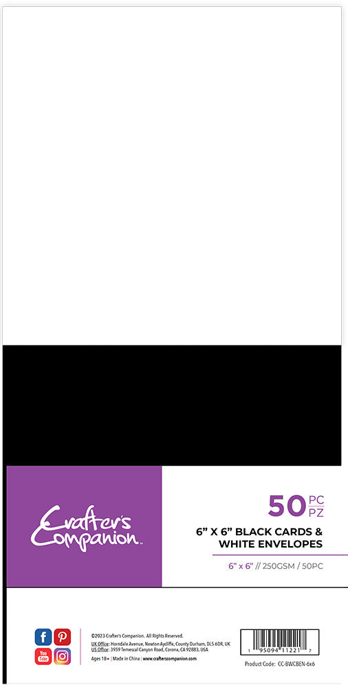 Crafter's Companion 6" x 6" Black Card & White Envelopes - 100 Pc
