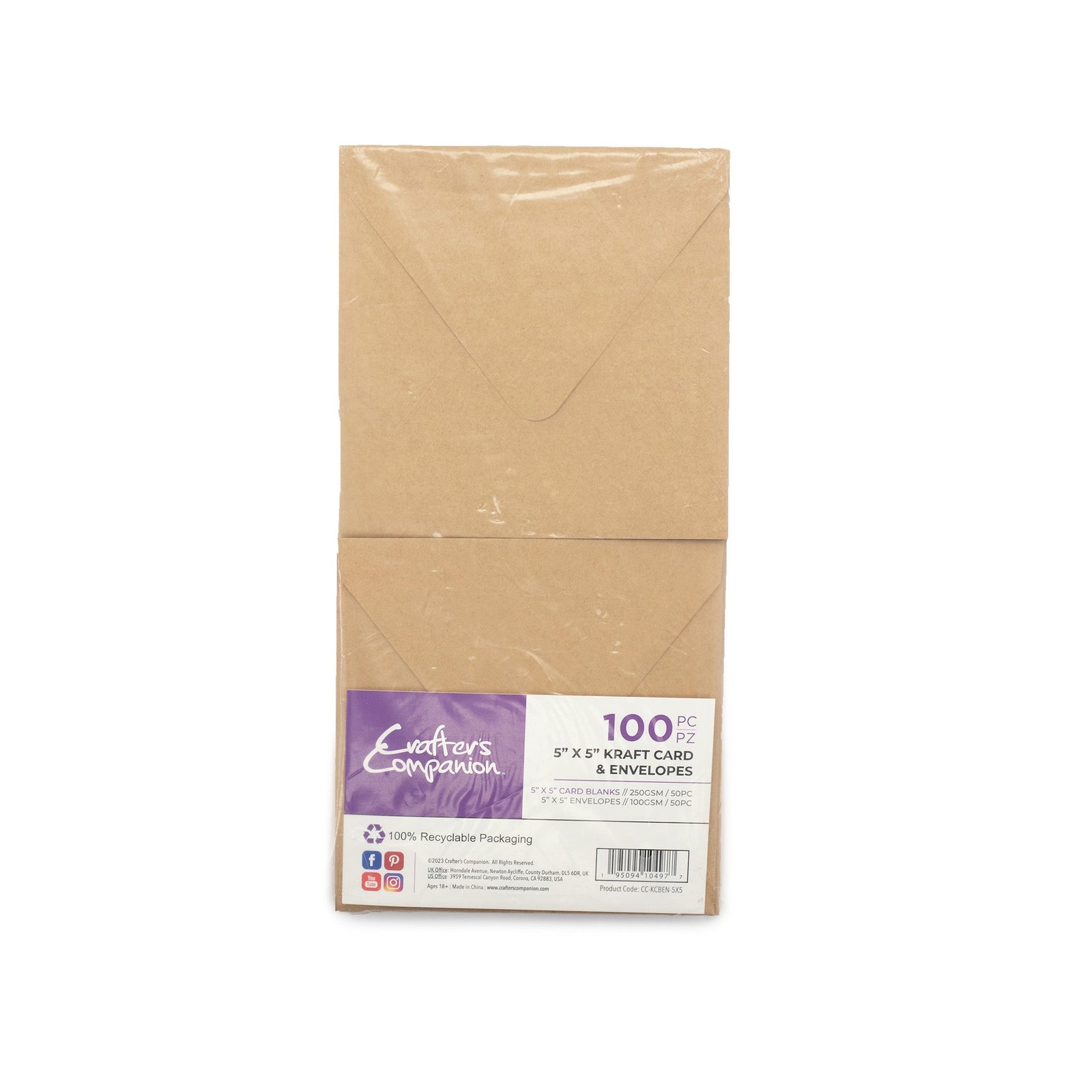 Crafter's Companion 5"x 5" Kraft Card & Envelopes - 100 Piece