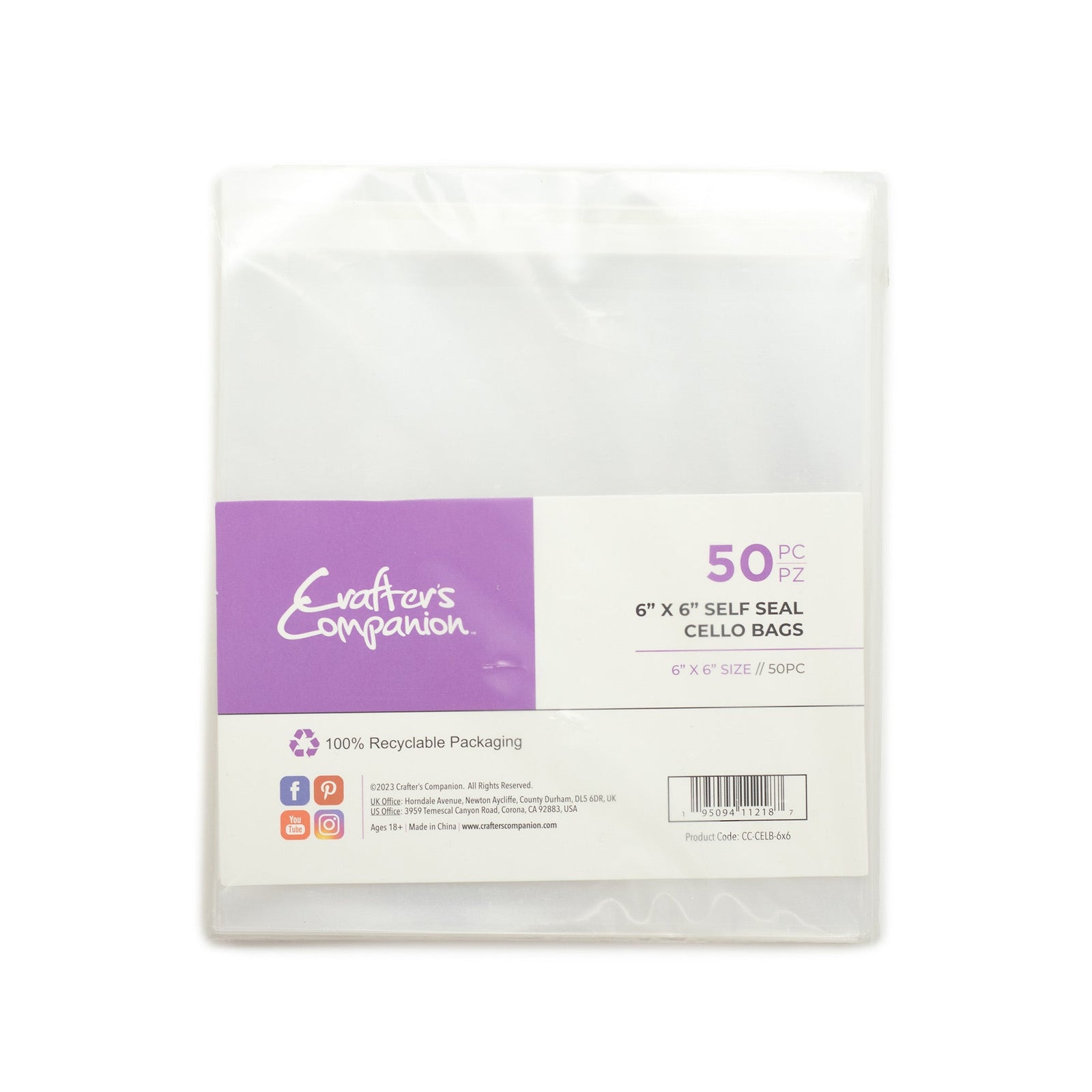 Crafter's Companion 6" x 6" Self Seal Cello Bags - 50 Pack