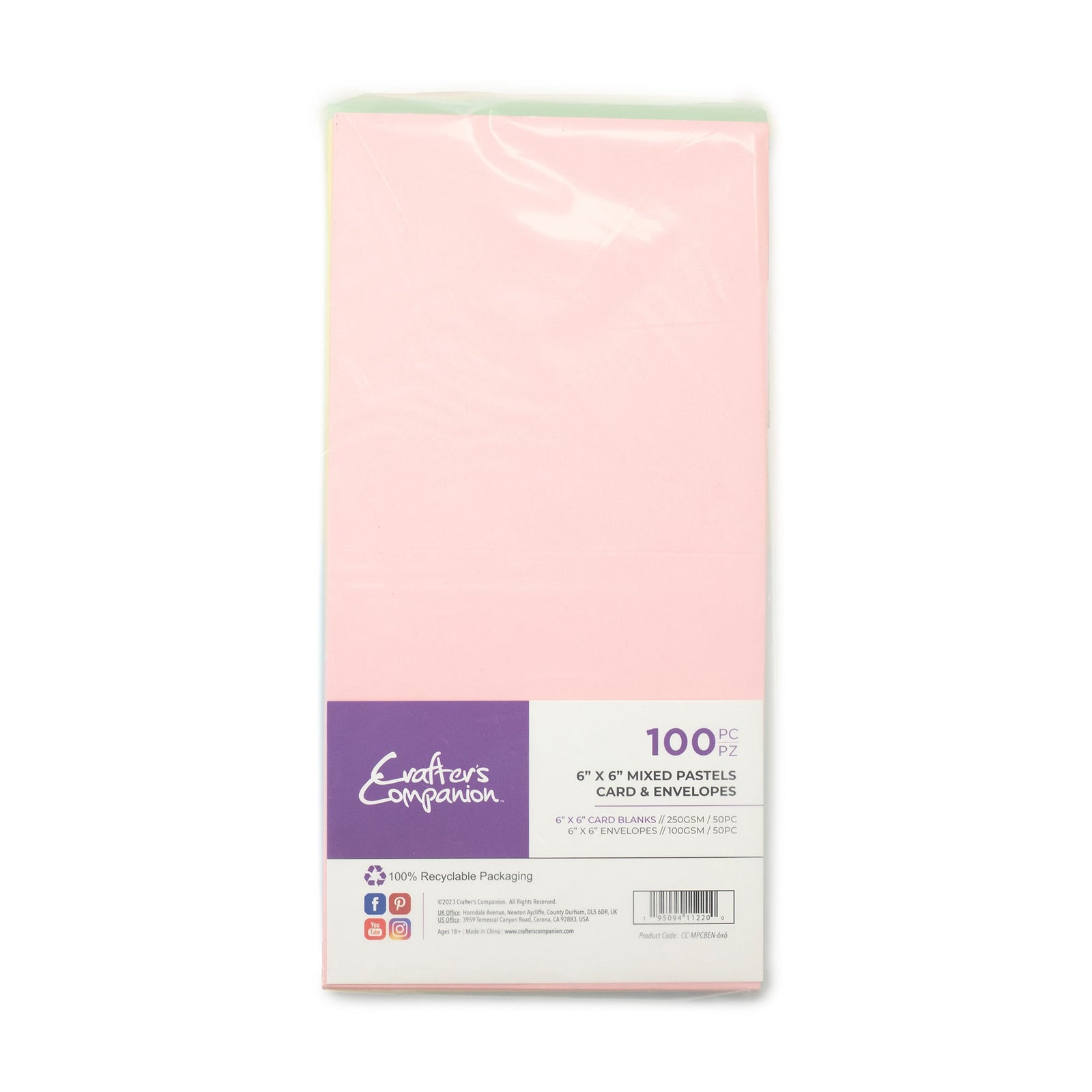 Crafter's Companion 6" x 6" Mixed Pastels Card & Envelopes - 100 Pack