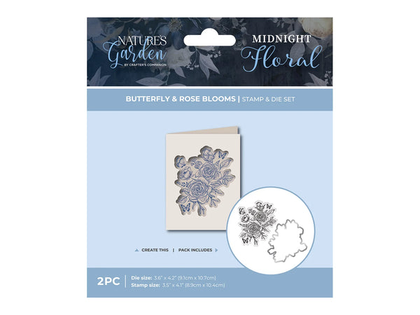 Nature's Garden - Midnight Floral Stamp & Die - Butterfly & Rose Blooms