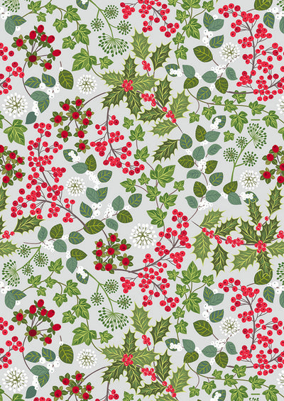 Lewis & Irene Fabric - Holly and Ivy on Light Silver with Pearl
